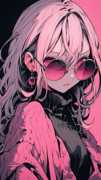 an anime girl in pink with sunglasses