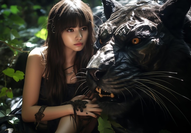 Foto ragazza di anime che gioca con una grande pantera selvaggia in una foresta il concetto di amicizia generato dall'ai