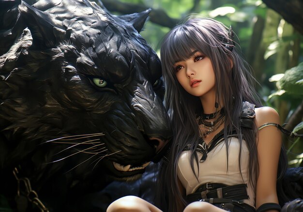 Premium Photo | Anime girl playing with a big wild panther in a forest  Friendship concept AI generated