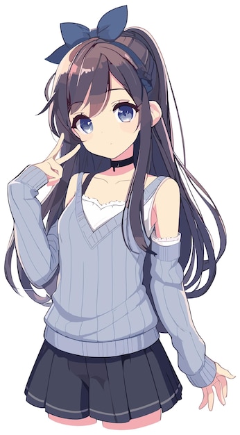 Anime girl portrait in blue modern clothes sweater and skirt iolated on white background