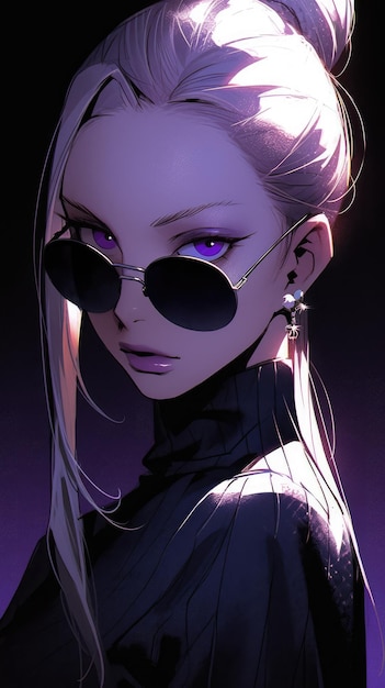 an anime girl in purple with sunglasses