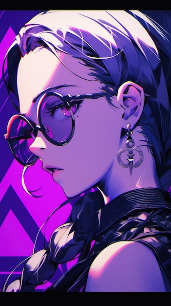 an anime girl in purple with sunglasses