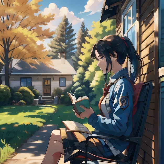 Anime girl reading Book In Park