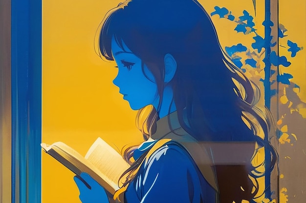 책 의자에 앉아 책을 읽는 애니메이션 소녀
