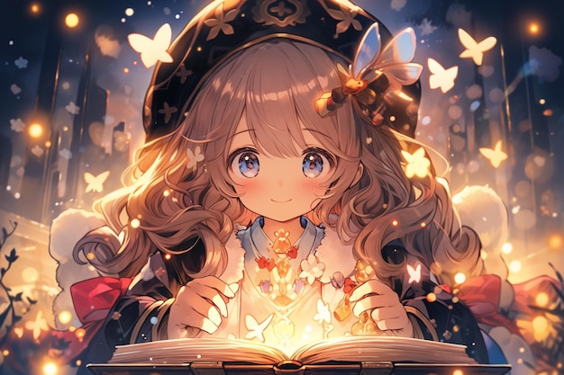 anime girl reading a book with a glowing light in her hand generative ai