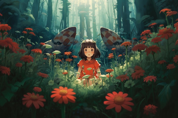 アニメ 赤いドレスを着た女の子が花の畑に座っている