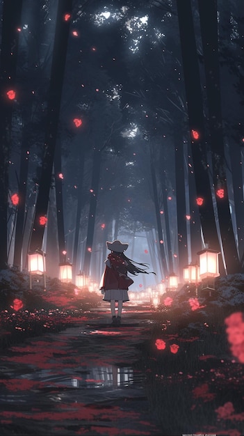 Anime girl in a red dress walking through a forest with lanterns generative ai