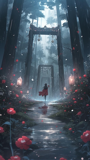 Anime girl in red dress walking through a forest with lanterns generative ai