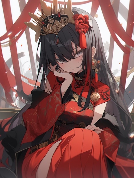 頭に王冠をかぶった赤いドレスを着たアニメの女の子の生成ai