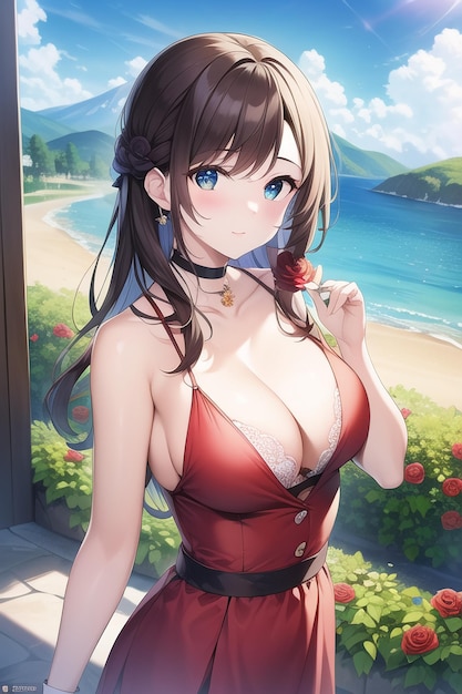 Photo anime girl in a red dress with a flower on her chest