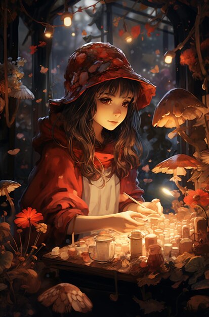 anime girl in red hat and red coat sitting in a garden with a cake generative ai