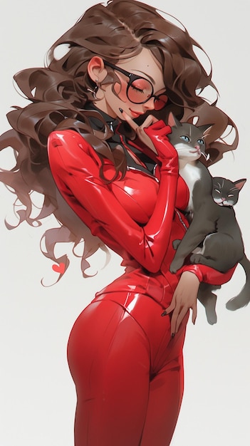 Foto ragazza anime in lattice rosso che tiene un gatto e posa per una foto generativa ai