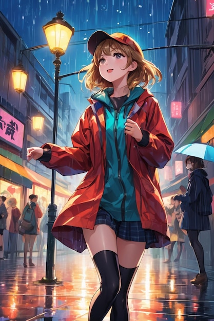 a anime girl in a red raincoat is walking in the street.