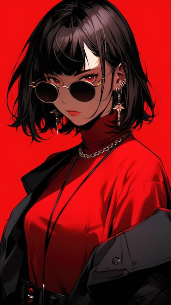 선글라스를 쓴 빨간색 애니메이션 소녀