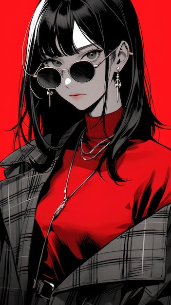 an anime girl in red with sunglasses