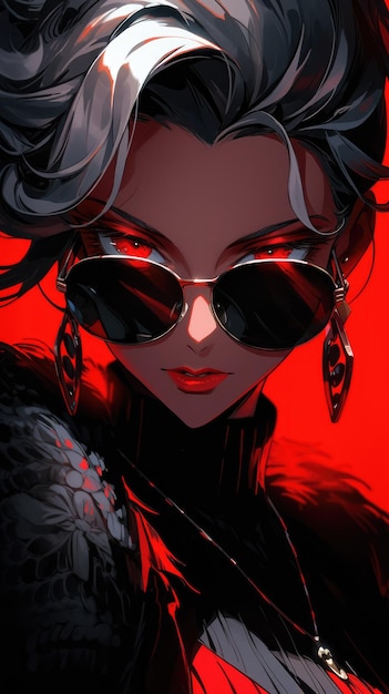 an anime girl in red with sunglasses