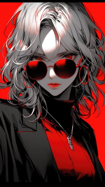 an anime girl in red with sunglasses