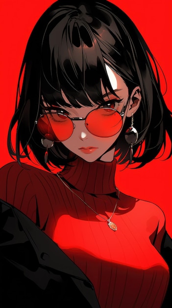 an anime girl in red with sunglasses