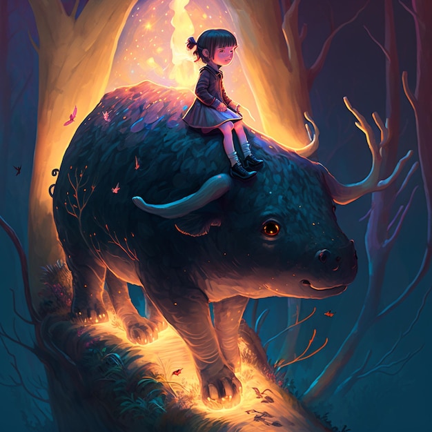 anime girl riding on a bull in a forest with fire generative ai