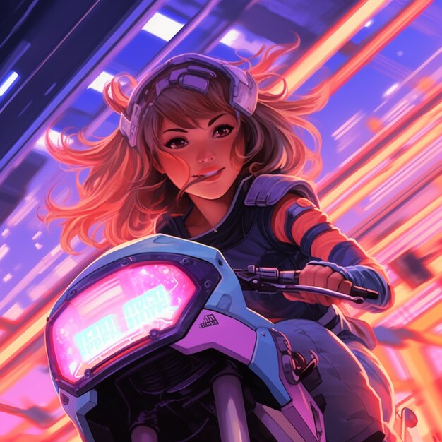 Anime girl riding a motorcycle in a city at night ai generative