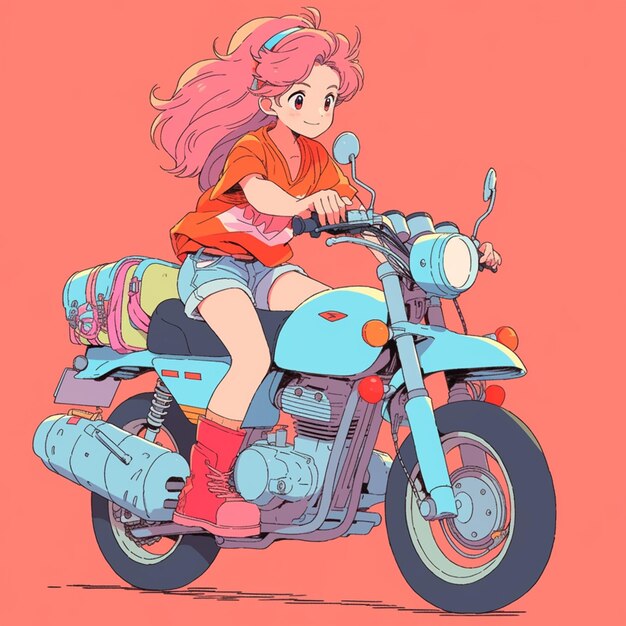 Anime girl riding a motorcycle with a backpack on the back generative ai