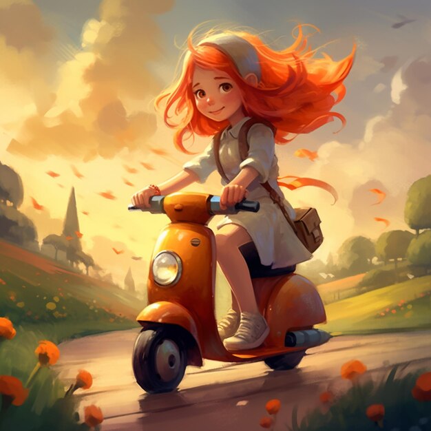 Anime girl riding a scooter on a road with orange flowers generative ai