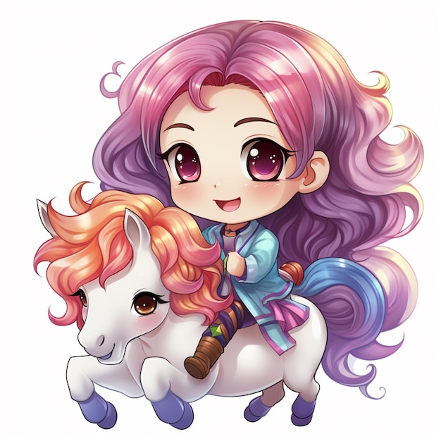 Anime girl riding a unicorn with a pink mane generative ai