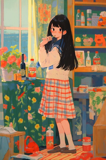 anime girl in a room with a bottle of wine and a window generative ai