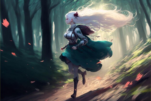 Фото Аниме девушка бегает по лесу с седыми волосами, генеративный искусственный интеллект