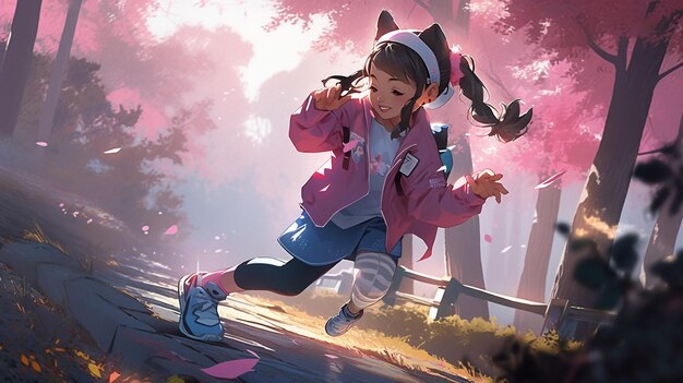 anime girl running in the park with a pink jacket and a pink jacket generative ai