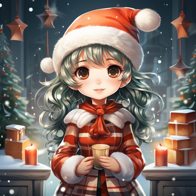 anime girl in a santa hat holding a cup of coffee generative ai