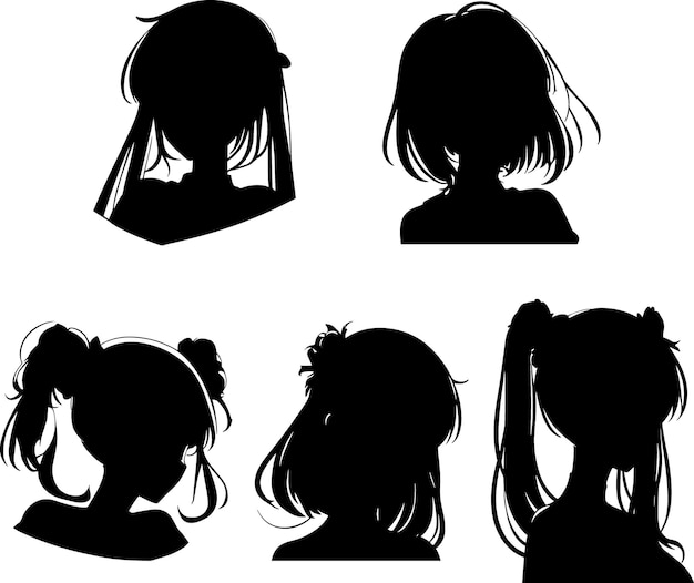 Anime girl silhouette set of five busts vector isolated