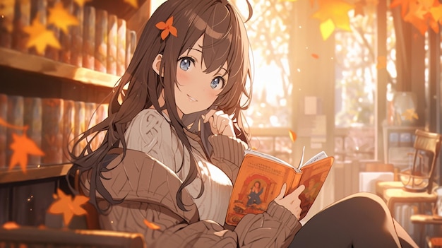 anime girl sitting on a bench reading a book in a library generative ai