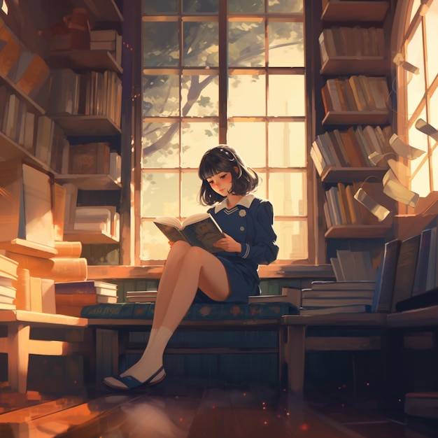Anime girl sitting on a bench reading a book in a library generative ai