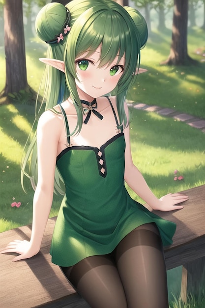 Photo anime girl sitting on a bench in the woods