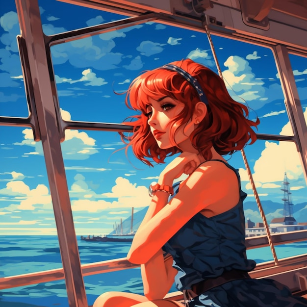 Anime girl sitting on a boat looking out the window generative ai