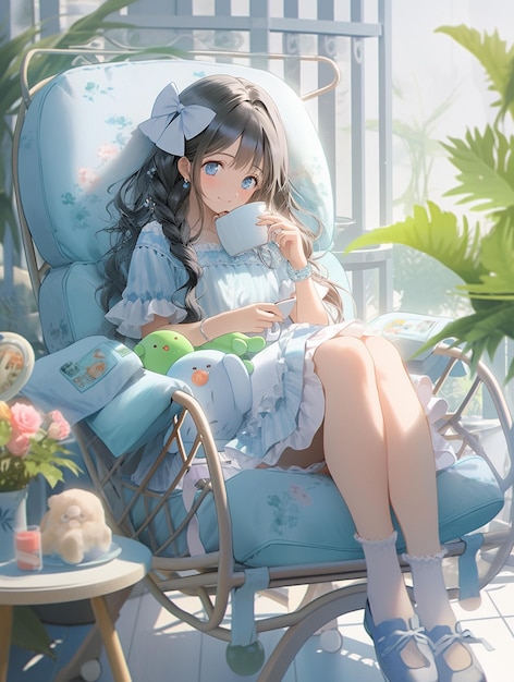 anime girl sitting in a chair with a cup of coffee generative ai