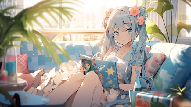 Аниме-девушка сидит на диване и читает книгу.