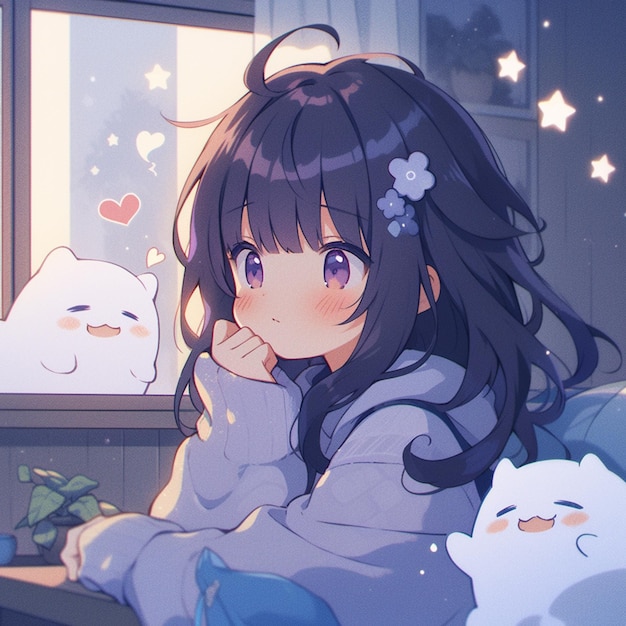 Premium AI Image | Anime girl sitting on a couch with a cat and a cat ...