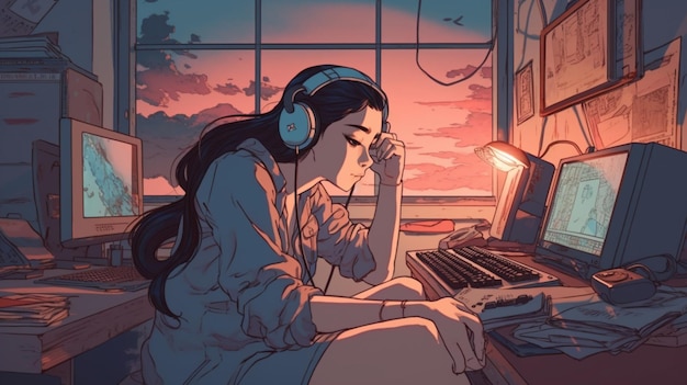 anime girl sitting at a desk with a laptop and headphones on generative ai