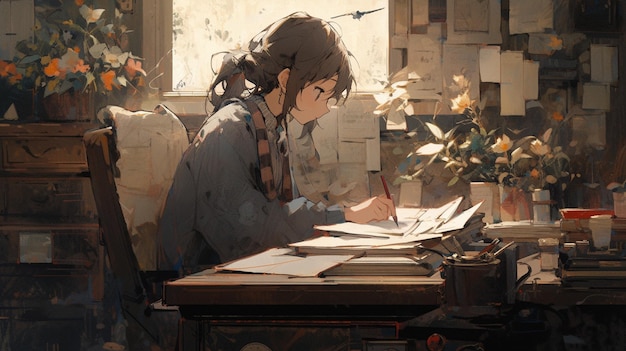 anime girl sitting at a desk writing in a book generative ai