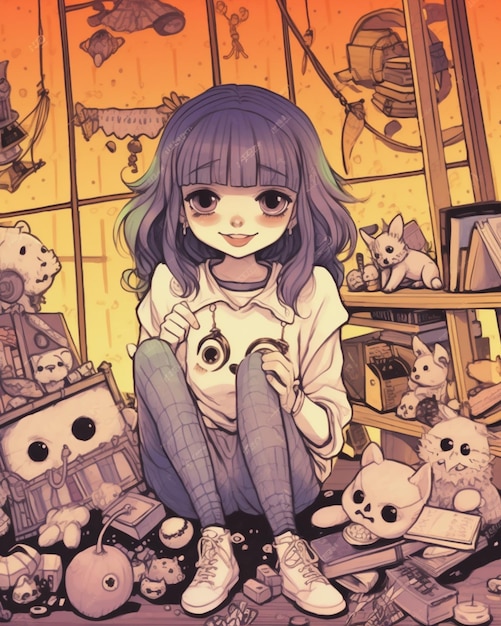 Anime girl sitting on the floor surrounded by stuffed animals generative ai