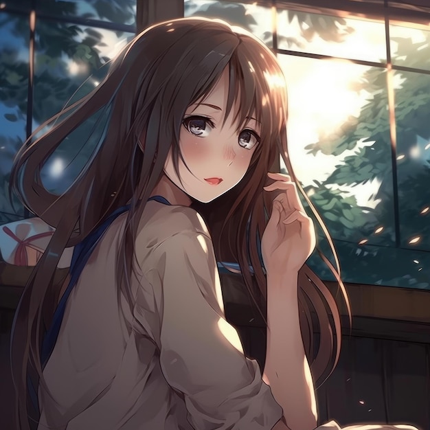 Anime girl sitting in front of a window