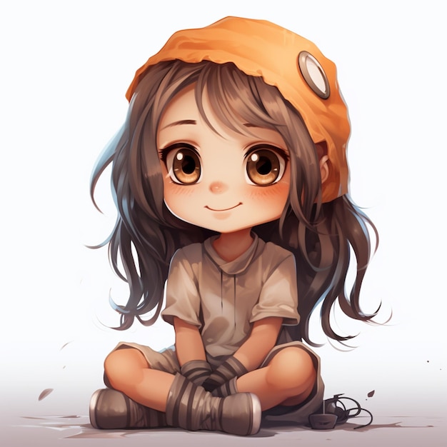 anime girl sitting on the ground with a hat on generative ai