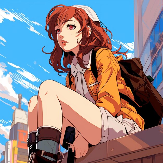 Anime girl sitting on ledge with backpack and backpack in city generative ai