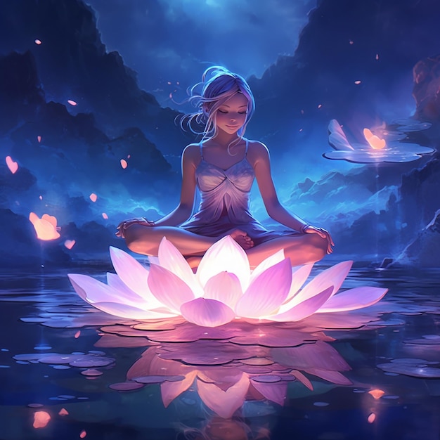 Anime girl sitting on a lotus flower in the middle of a lake generative ai