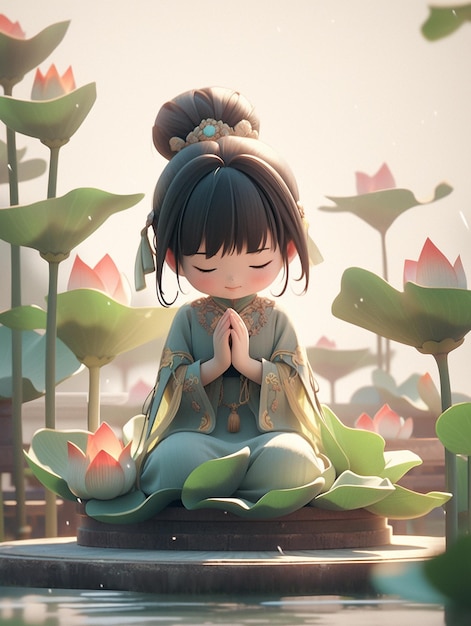 Аниме девушка сидит на цветке лотоса, сложив руки в молитве, генеративный ИИ