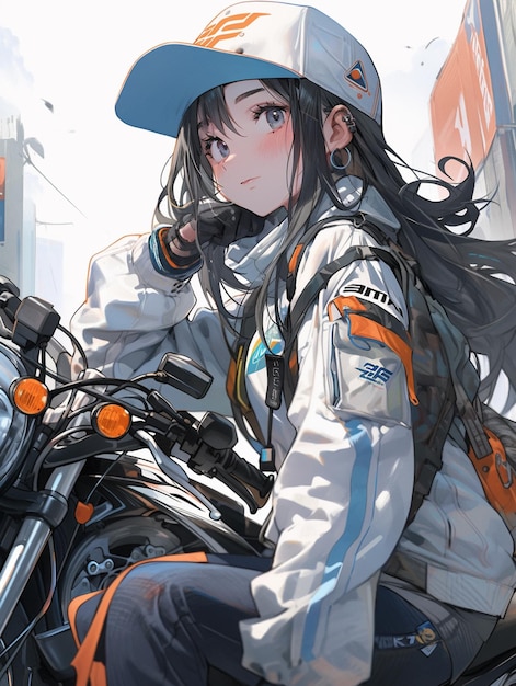 生成 AI でヘルメットをかぶったバイクに座っているアニメの女の子