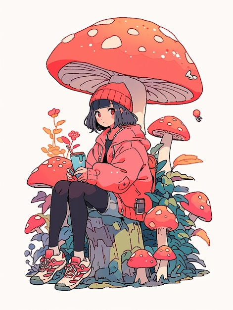 Premium AI Image | Anime girl sitting on a mushroom with a cup of coffee  generative ai