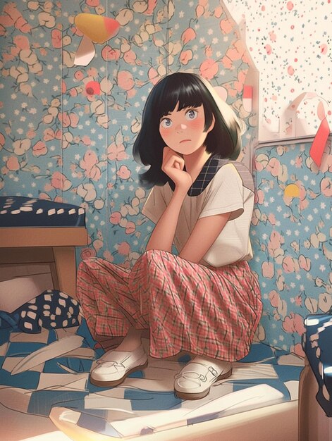 写真 アニメの女の子が花の壁紙でベッドに座っている